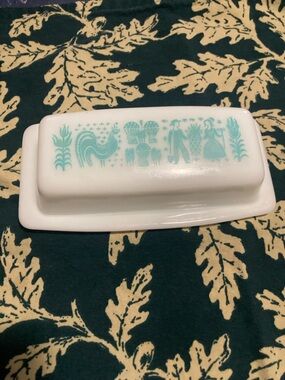 Vintage White Glass Butter Dish with Teal Folk Print